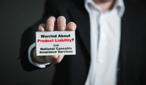 man with product liability on a business card